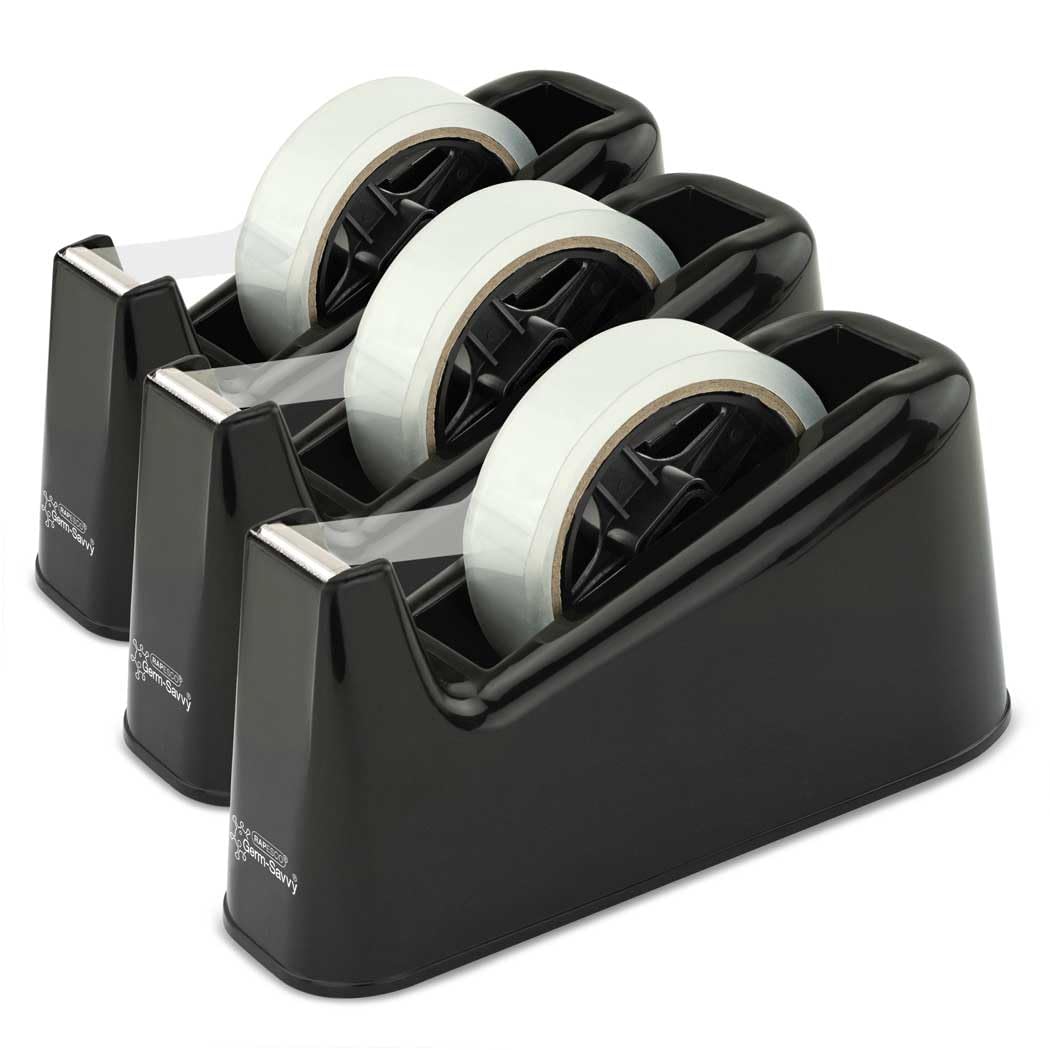 Rapesco 1740 Business Pack: 3 500 Heavy-Duty Tape Dispensers and 3 Clear Tape Rolls, Black