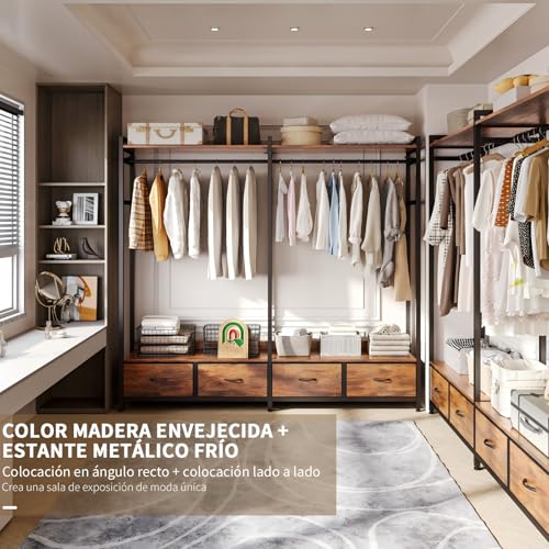 SIMPLE ESPACIO Closet Armables para Ropa,Armarios para Ropa Viene con Cuatro Cajones de Tela,Closet de Madera es Estilo Industrial,165 * 30 * 150 CM,Adecuado Paras Dormitorio,Lavadero (Color Retro)