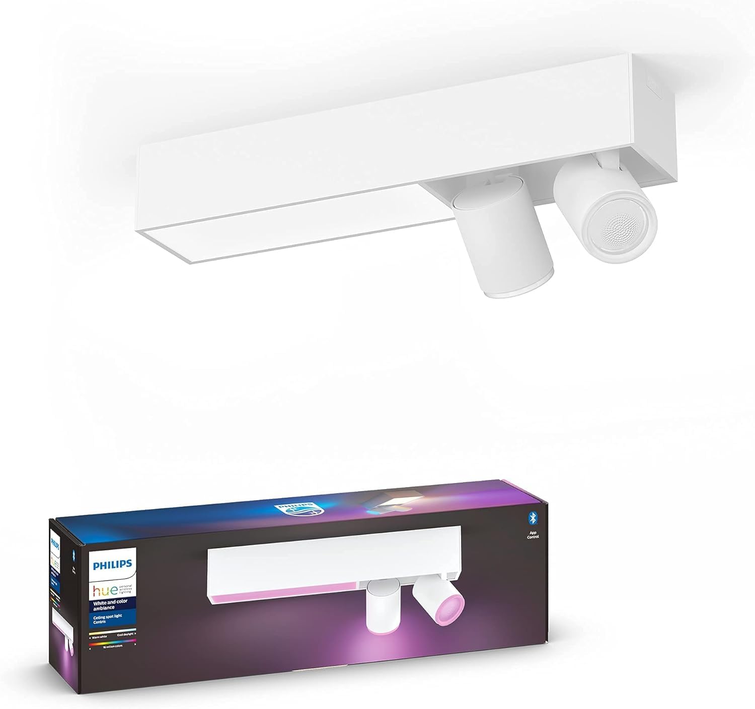 Philips Hue Centris White and Colour Ambiance Smart Ceiling Bar Light, 2X SpotLights [GU10 Spot] with Bluetooth, White. Works with Alexa, Google Assistant and Apple HomeKit, 915005928301