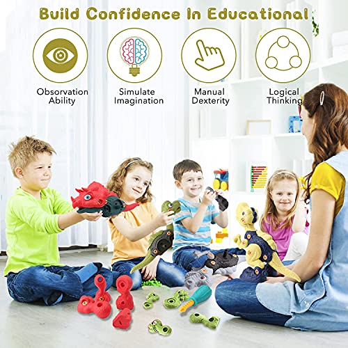 WANFEI Dinosaur Toys, 4 Pack of Take Apart Dinosaurs Construction Building Toy Set with Electric & Hand Drill for Kids 3 4 5 6 7 8 , STEM Kids Toys for Toddlers Boys Girls Birthday Gifts