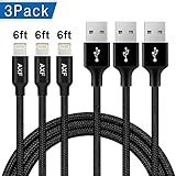 iPhone Charger, AXF 3PACK 6FT Nylon Braided Charging Cable Cord Lightning to USB Cable Charger Compatible with iPhone X/8/8 Plus/7/7 Plus/6/6 Plus/6s/6s Plus/5/5s/iPad iPod More(black-6ft)