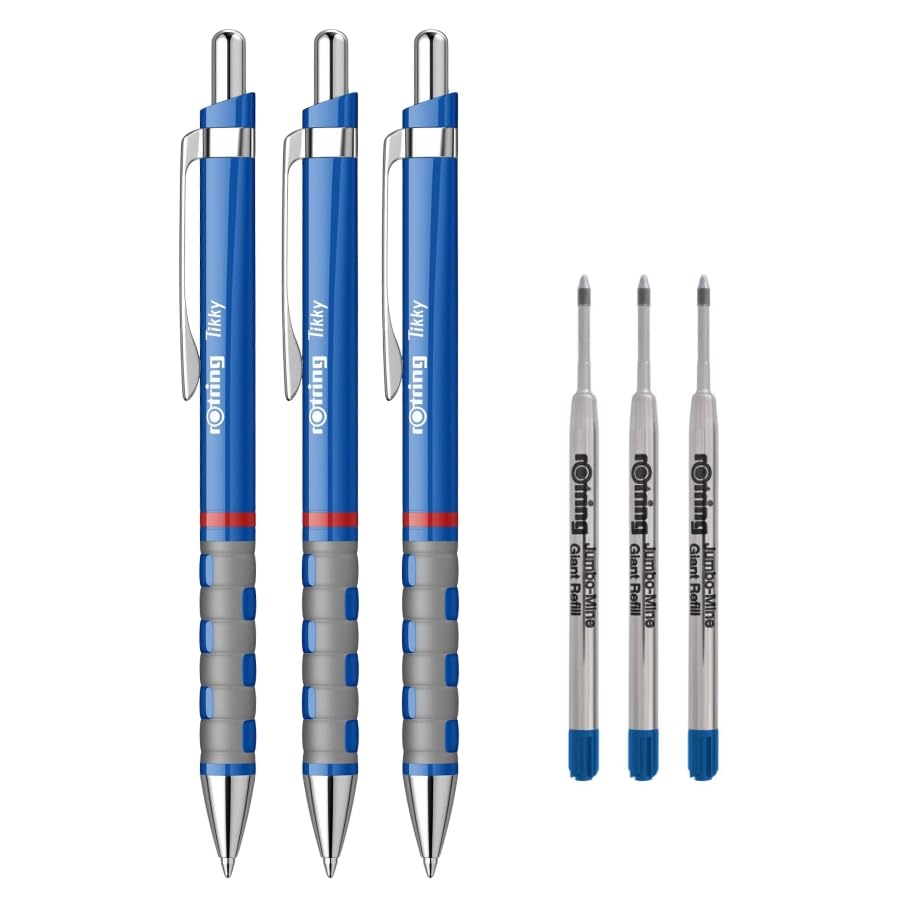 rOtring Tikky Lightweight Ballpoint Pen with Rubberised Grip - Blue Barrel 3 Count Tikky Jumbo Ballpoint Pen Refills 3 Count - Blue Ink