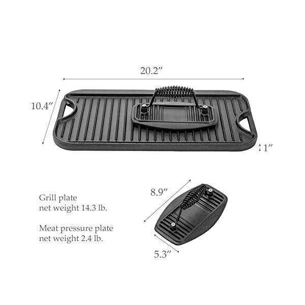 CO-Z 20 Inches Pre-Seasoned Cast Iron Reversible Griddle with Grill Press, Large Nonstick Two Burner Flat Universal… - Image 3