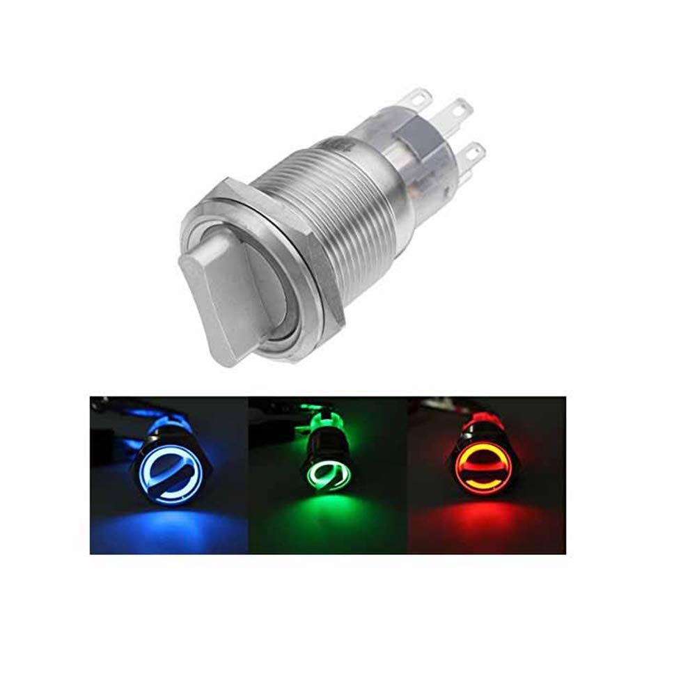 MOMOALA 19mm 3 Position 12V Waterproof Stainless Steel Latching Metal Selector Switch - Blue