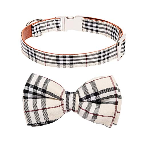 Adjustable Dog Collar with Bowtie – Premium Classic Beige Plaid with Metallic Buckle Collars for Medium to Large Dogs
