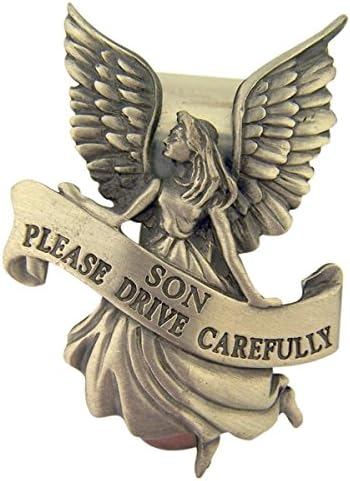 Pewter Guardian Angel with Son Please Drive Carefully Banner Visor Clip, 2 Inch
