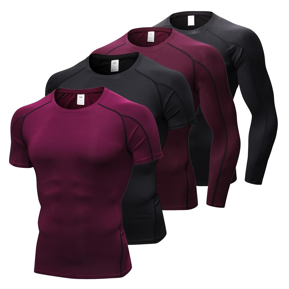 Photo 1 of 4 Pack Men's Compression Shirts Men Long/Short Sleeve Athletic Workout Tops Gym Undershirts Active Sports Baselayers