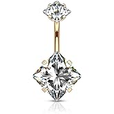 Forbidden Body Jewelry Surgical Steel Belly Button Ring with Square CZ and Internally Threaded Matching Top