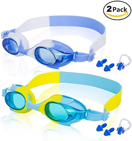 Gowave Kids Swim Goggles,Swimming Glasses for Children and Early Teens from 3 to 15 Years Old, Anti-Fog, Waterproof&amp;UV Protection,With Ear Plugs and Nose Clip,2 Pack