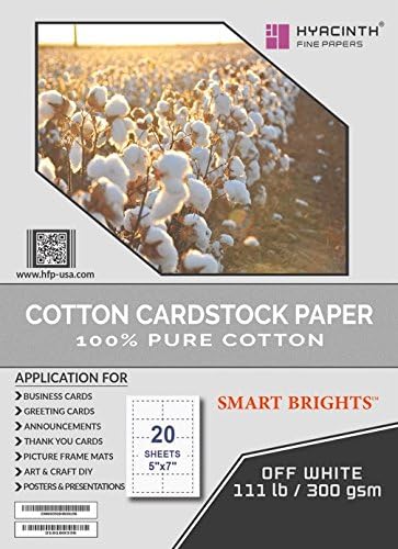 Cardstock Paper, 100% Cotton, 5"x7", 111lb (Cover) 300gsm, Off White, 20 Sheets.