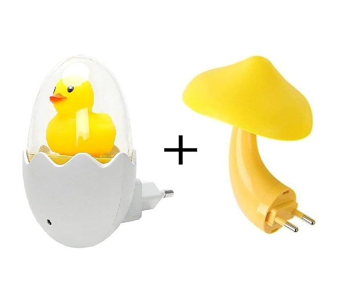 SBE Hot Light-Controlled Sensor LED EU Plug Egg Shell Duck Night Light with Mushroom Wall Socket Light Lamp (Yellow, White) -Set of 2 Pieces