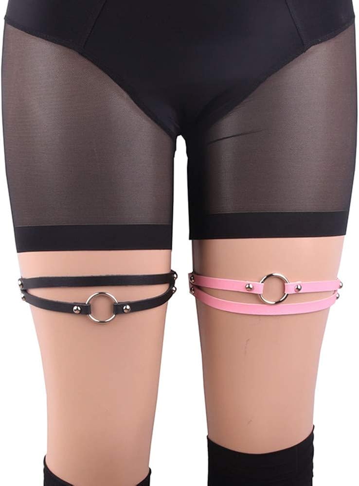 Adjustable Elastice 2 Rows Leather Leg Harness Garter Belt Punk Gothic Thigh Ring Garter (Black): Clothing