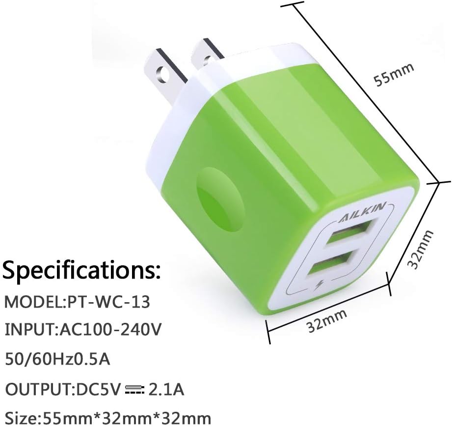 Wall Charger, [3-Pack] 5V/2.1AMP Ailkin Colorful 2-Port USB Wall Charger Home Travel Plug Power Adapter Replacement for iPhone 7/7 plus, 6s/6s plus, Samsung Galaxy S7 S6, HTC, LG, Table, Motorola More