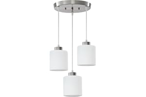 ROCUNSI 3-Light Brushed Nickel Pendant Light Fixture, Dining Room Hanging Lights with Milky White Glass Shades, Modern Chande