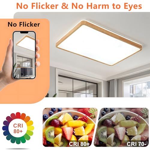 WayLuoung LED Wood Ceiling Light | 80 x 60 cm 3000-6000 K 78 W | Rectangular Natural Wood Lamp 360° Glow for Bedroom Living Room Children's Bedroom Kitchen Room (Dimmable with Remote Control)