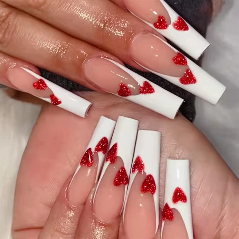 Mgmxbsth 24Pcs Square Fake Nails,Red and White Press on Nails,Heart Beat Glossy Fake Nails, Stick on Nails with Designs Stick for Women and Girls (Romantic House)