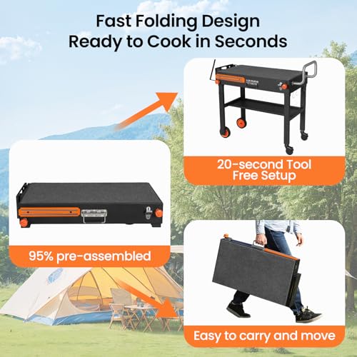 Folding Grill Table for Blackstone 17" & 22" Griddle, Portable Cart with Wheels, 20-Second Tool-Free Setup, 450 lb Heavy Duty Prep Station for Pizza Oven & Camping Stove