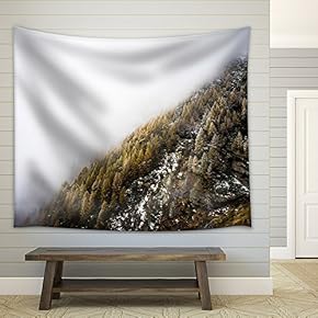Landscape of Trees and Mountain Surrounded by Fog - Fabric Wall Tapestry Home Decor - 51x60 inches