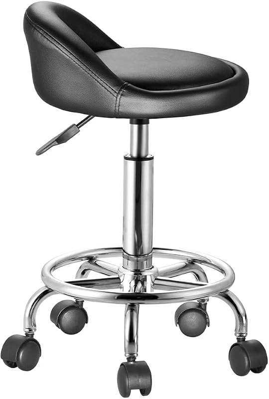 Taburete con Ruedas, Asiento Acolchado y Respaldo bajo de Piel sintética, Base con reposapiés de Acero Giratorio 360°, Altura Regulable, Ideal para esteticistas, Bares, cocinas, restaurantes — foto 4 de 8