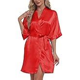 Women's Short Robe Silky Satin Pure Color Bathrobe Bridesmaid Bride Party Kimono V-Neck Sleepwear with Pockets