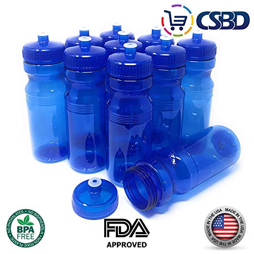 CSBD Clear 24 Oz Sports Water Bottles, 10 Pack, Blank for Customized Branding, No BPA Food Grade Plastic for Fitness, Hiking, Cycling, or Gym Workouts, Made in USA (24 Ounces, Blue)