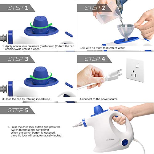 Comforday Steam Multi Purpose Cleaners Carpet High Pressure Chemical Free Steamer with 9-Piece Accessories, Perfect for Stain Removal, Curtains, Car Seats,Floor,Window Cleaning, White