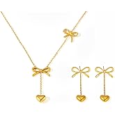 Fashion Bow Y Necklace Heart Drop Dangle Earrings Jewelry Set for Women Gold-Toned Titanium Steel Bow Knot Flat Back Stud Earring Love Shaped Pendant Choker Necklaces