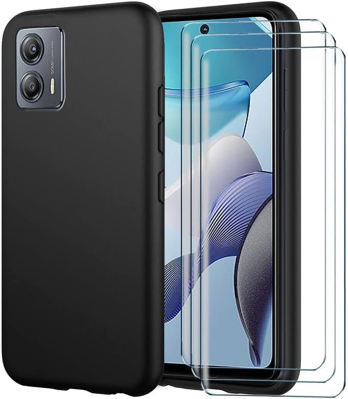 [4 in 1] Case Compatible with MOTO G53 5G Cover with 3 Pack Tempered Glass Screen Protector for MOTO G53 5G, Slim Fit Soft TPU Shockproof Anti-Scratch Phone Case Cover - Black