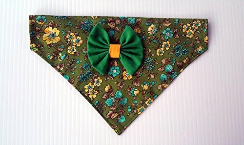 Green Yellow Flowers Print Over the collar thread-thru Dog Bandana with Green Bow, St Patrick's Day Festive Doggie Bandannas, Summer Prints Accessories, Petwear Fashion Neckwear