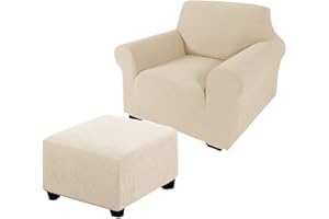 Andreannie Beige Jacquard Chair Slipcovers Armchair Sofa Covers Chair Couch Covers for Armchair Bundle Ottoman Slipcover(Beige)