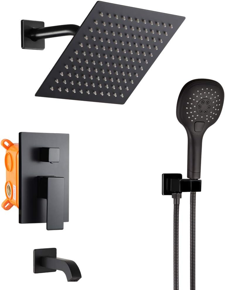 POP Bathtub Shower Faucet Set Matte Black Shower System with Tub Spout 8 Inch Wall Mounted Bathroom Rainfall Shower Head Set with Handheld Shower Combo Set (Contain Rough-in Valve Body and Trim) - - 
