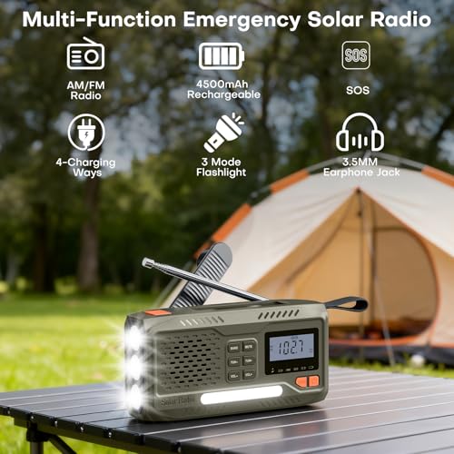 Survival Radio, Battery Operated Portable Solar Radio with 4500mAh Rechargeable Battery, AM/FM Crank, Screen, Emergency Kit with Lamp, SOS Alarm and Smart Phone Emergency Charging