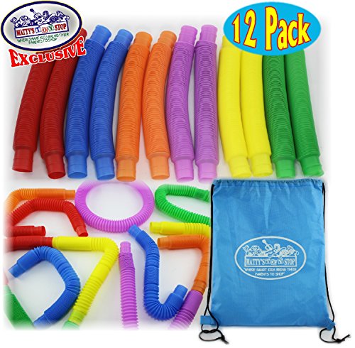 Matty's Toy Stop Pull 'N Pop Multi-color Tubes (Toobs) with Storage Bag - 12 Pack