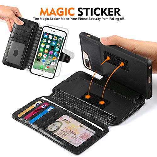 Cornmi Wallet Case Compatible for iPhone 8 Plus,iPhone 6/7 Plus Cover,Detachable Leather Cover 13 Card Slots,Wristlet,Shoulder Strap Handbag Purse Flip Cover Stand Slim Lightweight Mirror case