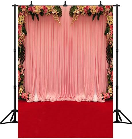 DePhoto 5x7Ft Seamless Pink Flowers Wall Red Carpet Vinyl Photography Backdrop Photo Background Studio Prop PGT008A