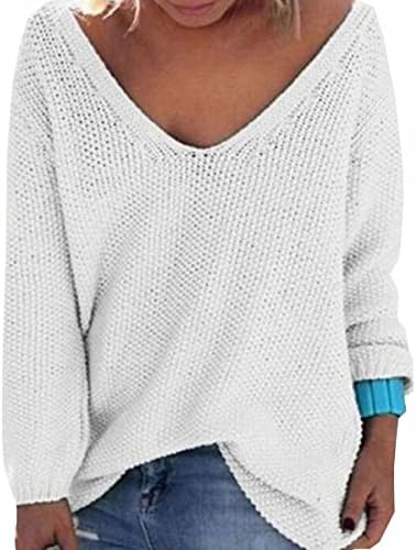 UGET Women's Casual Autumn V Neck Loose Knit Pullover Tops Sweater Jumper Asia S White