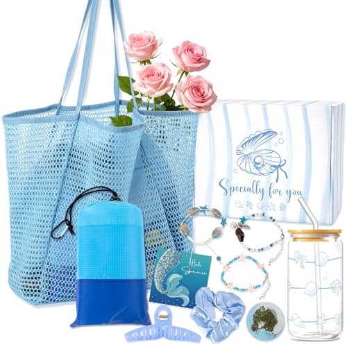 YYSWSAKY Regalo para Mujer, Pack Regalo Mujer Playa, Bolso de Playa Grande, Manta Impermeable 200x210cm, Vaso con Tapa y Pajita, Bola de Baño, Regalo de Cumpleaños para Mejor Amiga, Hermana