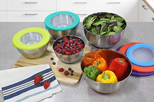 Maxi-Matic EBS-1810 10-PC Stainless Steel Mixing Bowl Set with Silicone Bottom and Transparent Lids, Piece, Multi-Colored - Thumbnail 6