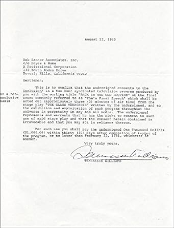Tennessee Williams Document Signed 08 22 1980 At Amazon S