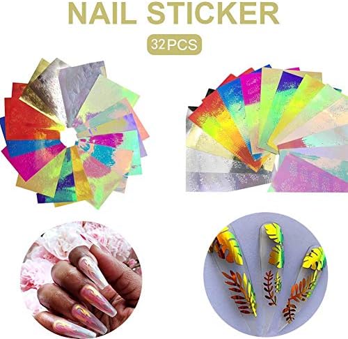 Bulary 32PCS Nail Art Sticker Fire Flame Decal Sticker Flame Reflections Nail stickers Multicolor Aurora Flame Applique DIY Manicure Stickers