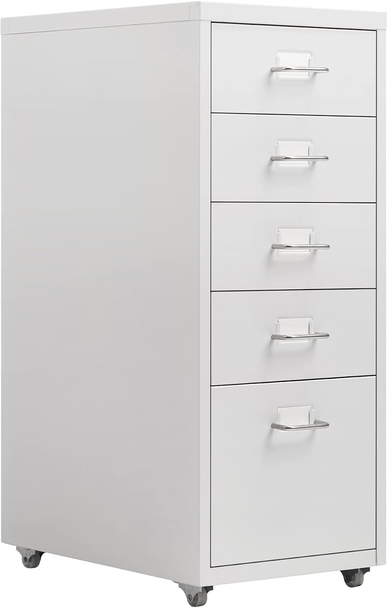 HollyHOME 5-Drawer Mobile Filing Cabinet White with Casters 28x41x66 cm