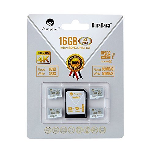 4X 16GB Micro SDHC U3 Card Plus SD Adapter Pack. Amplim Extreme Pro Class 10 UHS-I MicroSDHC 95MB/s Read, 50MB/s Write. Ultra High Speed HD UHD 4K Video. Internal/External MicroSD Flash Memory Storage