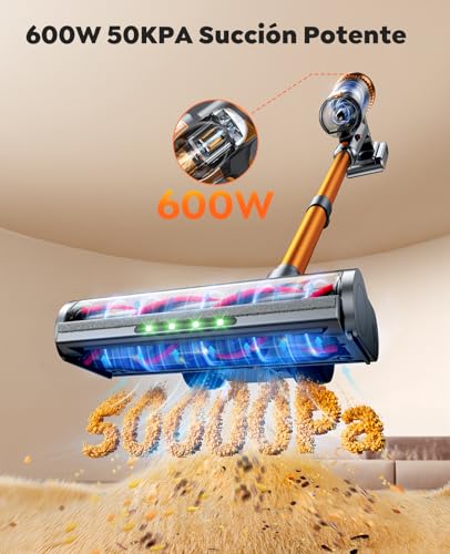 SMOTURE Cordless Vacuum Cleaner 50KPA/600W/65Min, Broom Vacuum Cleaner with 1M Hose, Anti-Tangle Brush with Light, Auto Mode, Wall Charging Base, for Pet Hair/Floors/Carpets/Car