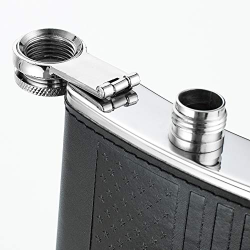 YFS Whiskey Flask With American Flag for Liquor and Funnel, 8 Oz Leak Proof Stainless Steel Pocket Hip Flask with Soft Touch Leather Cover, Black Flask for Men