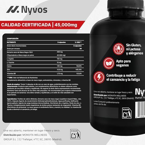 Maca Preta de Alta Potência – 45.000 mg Equivalente – Testosterona Natural Homem – 180 Cápsulas Vegan – Energia, Vitalidade e Culturismo – Produzido na UE - Nyvos — foto 5 de 8