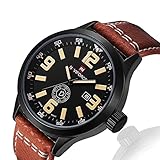 Men's Outdoor Casual Analog Quartz Unique Waterproof Dress Wrist Classic Big Face Fashion Watch with Brown PU Leather Band, Calendar Date Week Window - Black