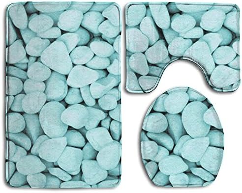 Bath Mat,3 Piece Bathroom Rug Set,Blue Cobblestones Flannel Non Slip Toilet Seat Cover Set,Large Contour Mat,Lid Cover For Men/Women