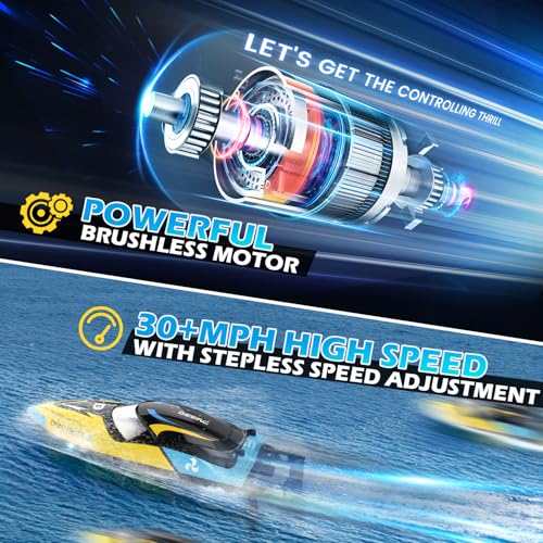 DEERC Fast Brushless RC Boat for Adults, 30+MPH 3S High Speed Remote Control Boat, Self-righting 2.4Ghz Speed Shark with LED Lights, Summer Toy Gift for Kids