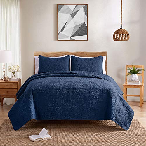 VEEYOO Bedspread Quilt Set King/Cal King Size - Soft Microfiber Lightweight Coverlet Quilt Set for All Season, Quilt Set 3 Piece (1 Quilt, 2 Pillow Shams), Blue - Thumbnail 2