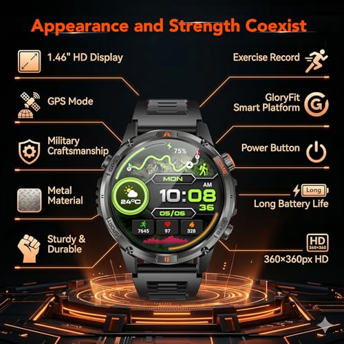 GPS Smartwatch Men's Watch with Calls: 1.46 Inches Large Round Screen Military Smart Watch Fitness Sport Compass Flashlight Heart Rate Monitor Pressure Sleep Waterproof Health Watches for Android iOS